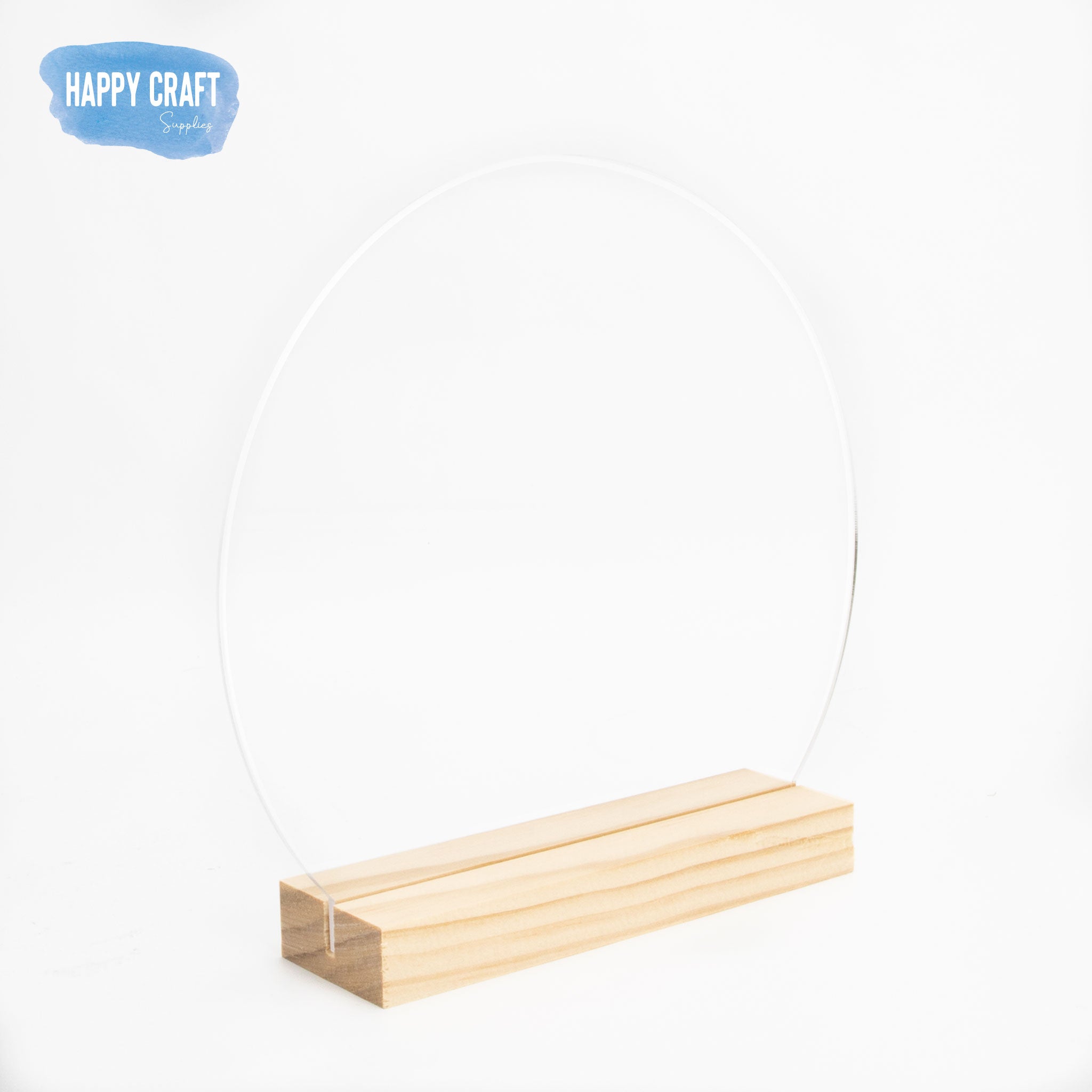 Small round clear acrylic blank sign + wood base